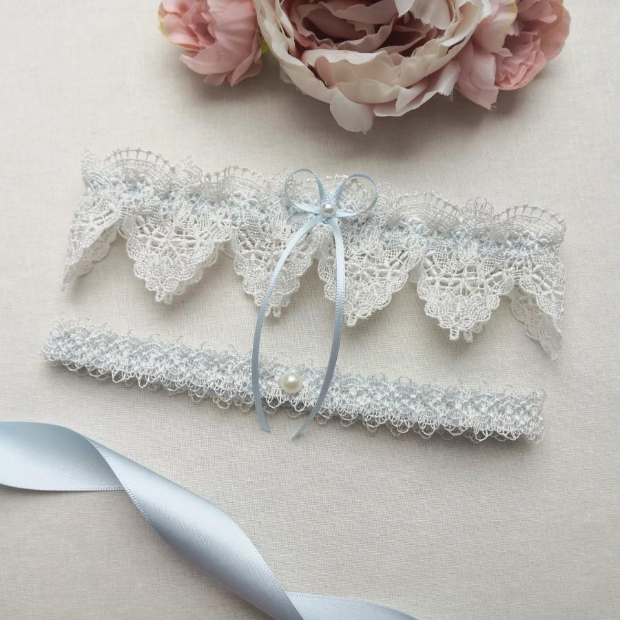 Wedding - Something blue wedding garter set, ivory venise lace garter set, bridal garter set with pearls