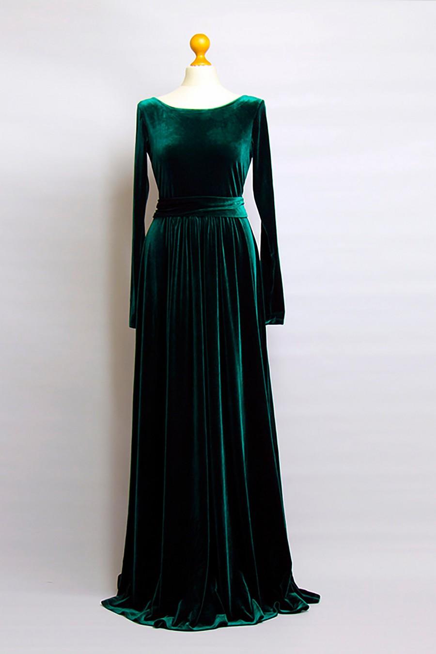 Свадьба - Green Velvet Maxi Dress Velvet Bridesmaid Party Dress Burgudy Maxi Dress Long Sleeves With High Slit Sash Waistband Long Dress Green dress