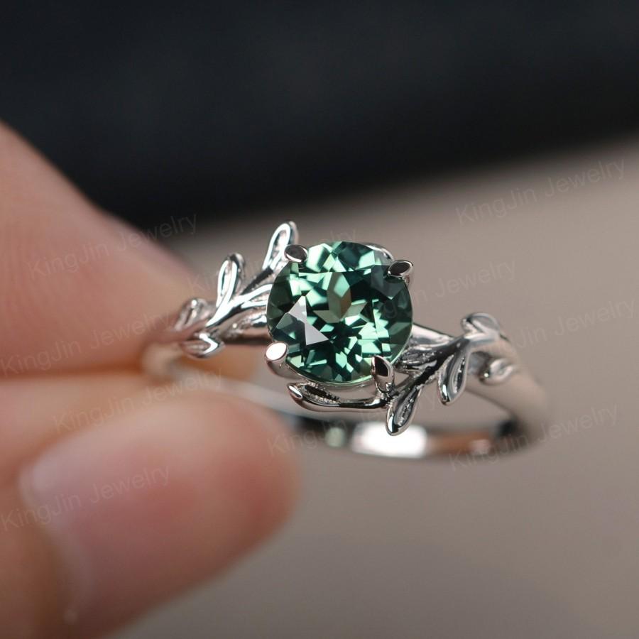 Hochzeit - Green Sapphire Engagement Ring Round Cut solitaire branch ring sterling sliver
