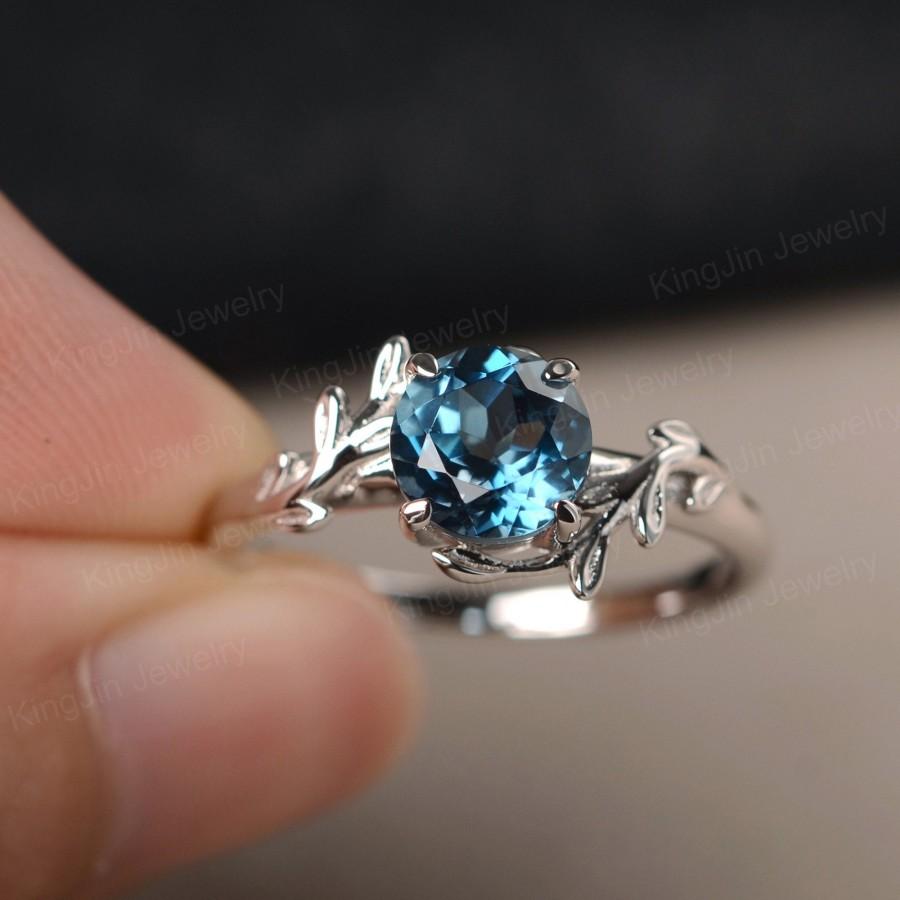 Hochzeit - London blue topaz ring twig engagement ring round gemstone leaves around ring in white gold