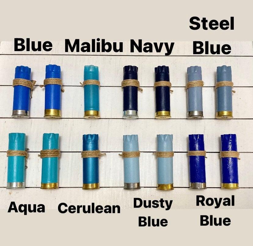 زفاف - Blue shotgun shell boutonniere. Dusty blue, royal blue, light blue, cerulean, aqua, navy, blue.