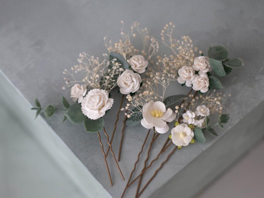 زفاف - Off white ivory flower pins with eucalyptus leaves, set floral hair pins, flower bobby pins, wedding hair pin, white bridesmaid hair pin