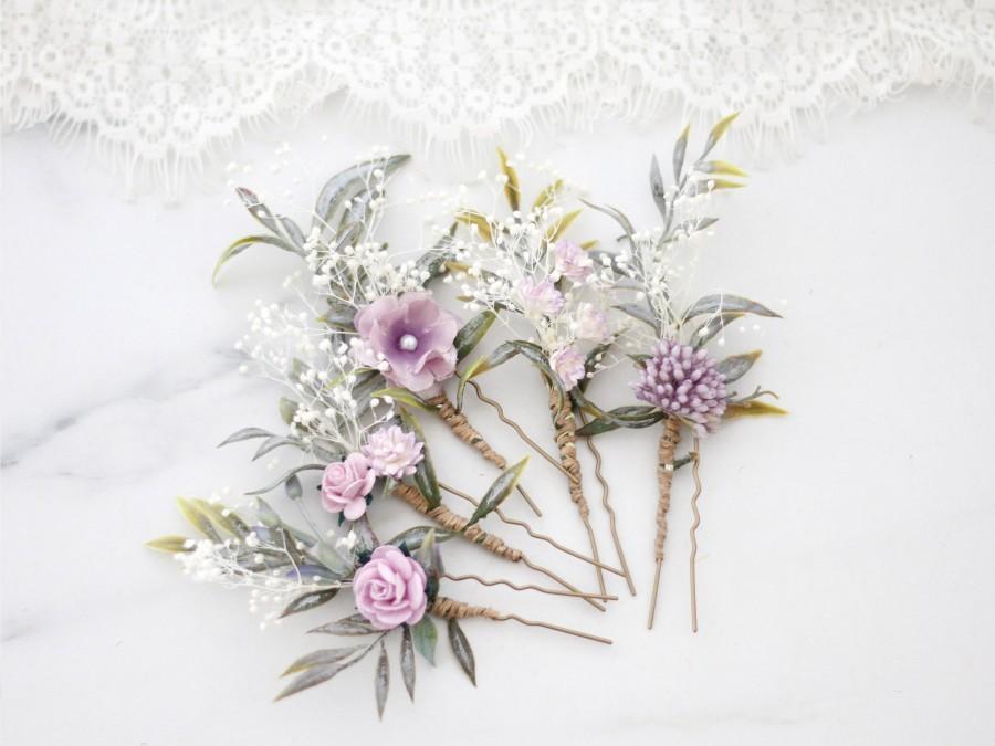 Wedding - Soft purple flower hair pins, set dried floral hair pins, ivory lavender bobby pins wedding, bridal hair pin, bridesmaid hair pin