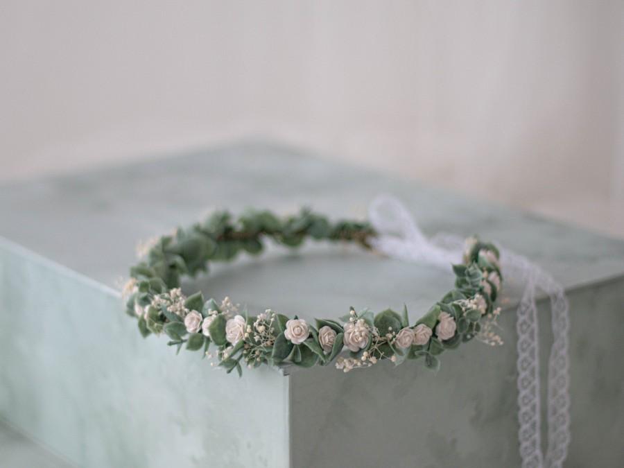 زفاف - Eucalyptus Flower Crown Wedding, Greenery Floral Crown, Eucalyptus Headband, Green Bridal Crown