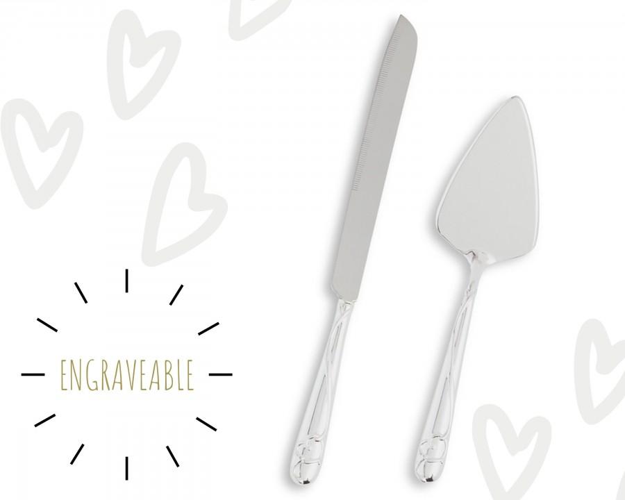 Wedding - Engraved Wedding Cake Knife and Server - Silver Plated Cake Serving Set With Raised Loop Heart - Personalized - Custom - Heart - Hearts