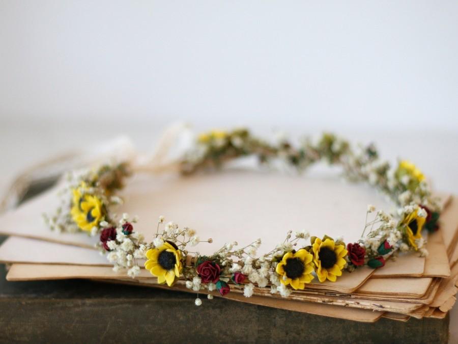 Wedding - Dried babys breath & sunflower flower crown for wedding, rustic bridal wreath, burgundy yellow floral crown, baby breath headband