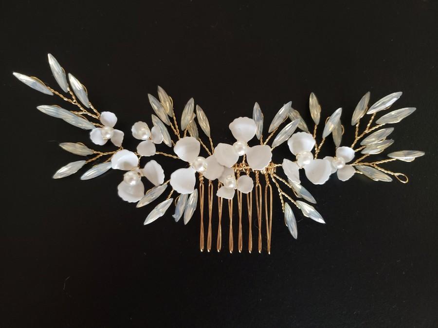 زفاف - Bridal Hair Comb, Pearl Crystal Flower Wedding Hair Pins, Hair Jewelry Hair Vine Wedding Hair Accessory, Rose Gold Wire Wrap, Iridescent