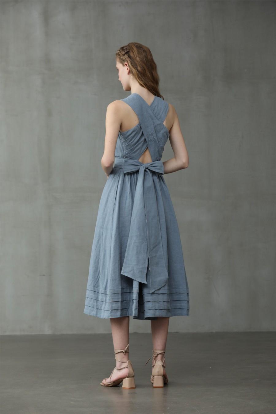 زفاف - cross back linen dress, midi linen dress, cocktail dress, sleeveless dress, layered linen dress, halter dress, apron dress 