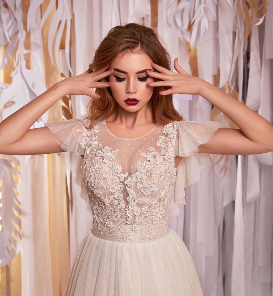 زفاف - Champagne and  Ivory Wedding Dress Luxurious Lace Wedding Dress with short Sleeves bell Bridal gown with tulle dotted Any Size Plus SIZE