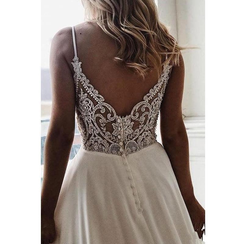 زفاف - Summer A Line Simple Spaghetti Straps White Bride Wedding Dress V Neck beaded Bridal Party Long Chiffon Beach Bridal Gowns Romantic Backless