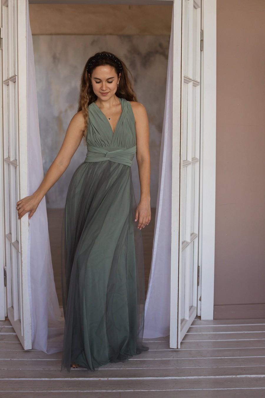 Wedding - Sage green bridesmaid dress with tulle skirt, Sage green infinity dress, moss green infinity dress, sage green convertible dress, sage green