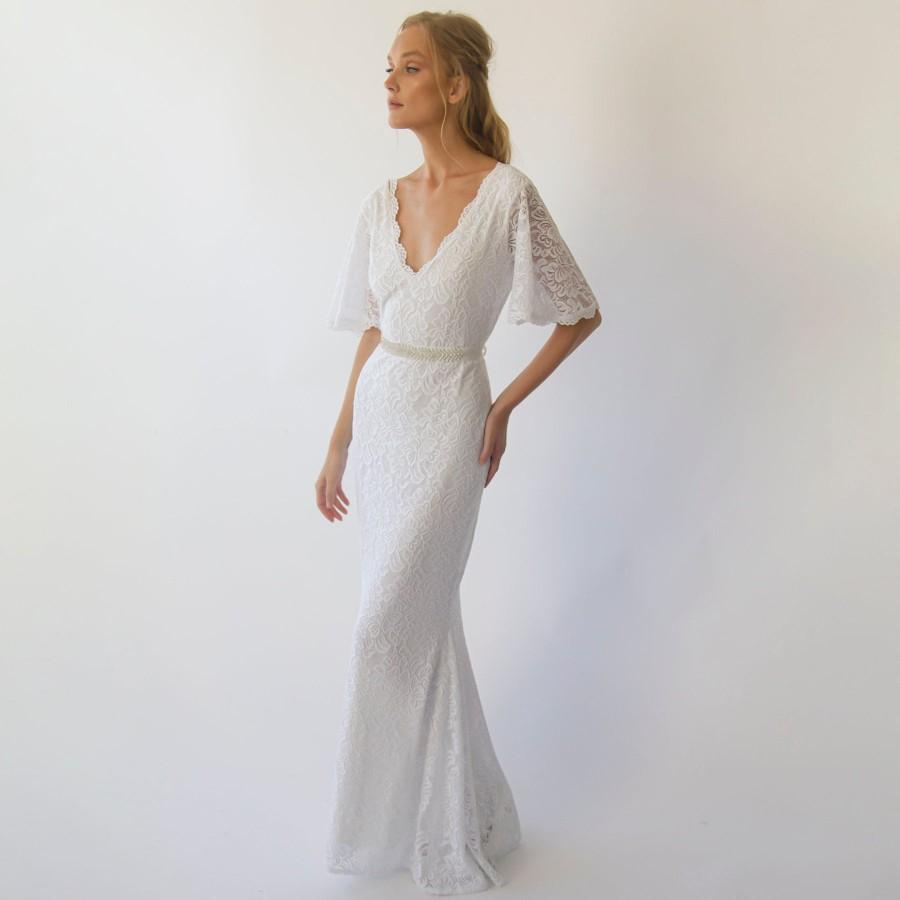 Mariage - Bohemian Ivory butterfly Sleeves V neckline wedding dress with beaded sash belt #1295