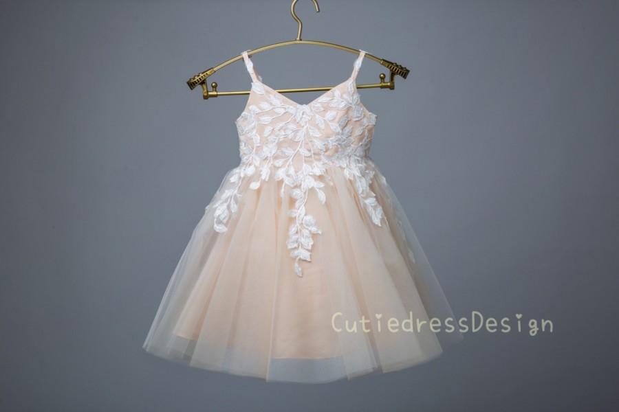 Mariage - Ivory Lace, Champagne Tulle, pretty wedding flower gilr dress W0016M