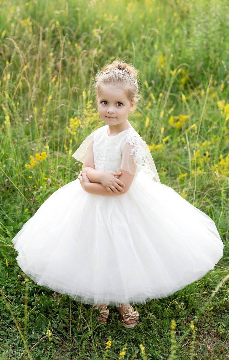 Hochzeit - Tutu flower girl dress, flower girl dress, ivory flower girl dress, flower girl dress with boho sleeves, lace  flower girl dress , wedding
