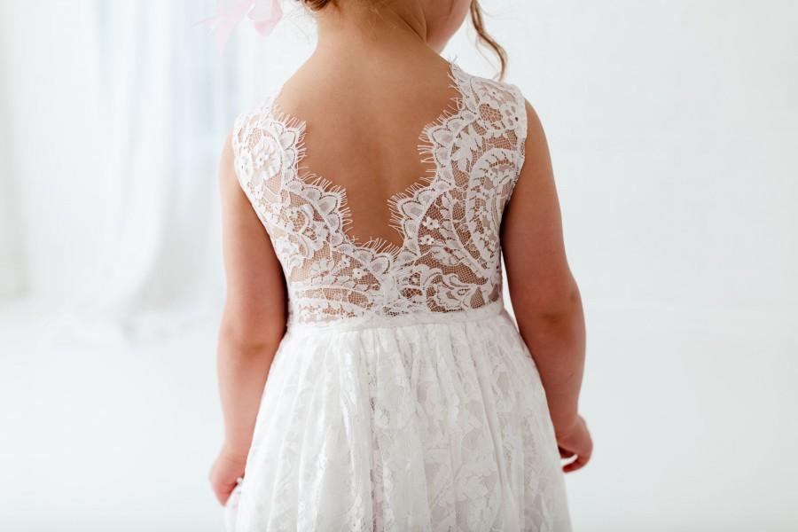 Hochzeit - Boho Lace Flower Girl Dress, White Tulle Wedding Dress, Beach Wedding Dress, Communion Dress