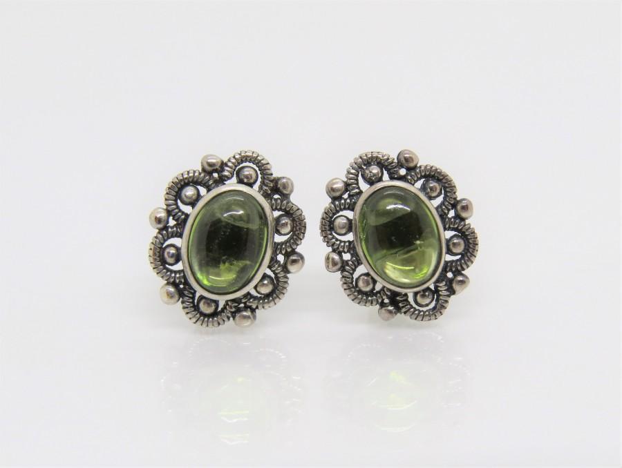 Hochzeit - Vintage Sterling Silver Natural Peridot Cabochon Earrings