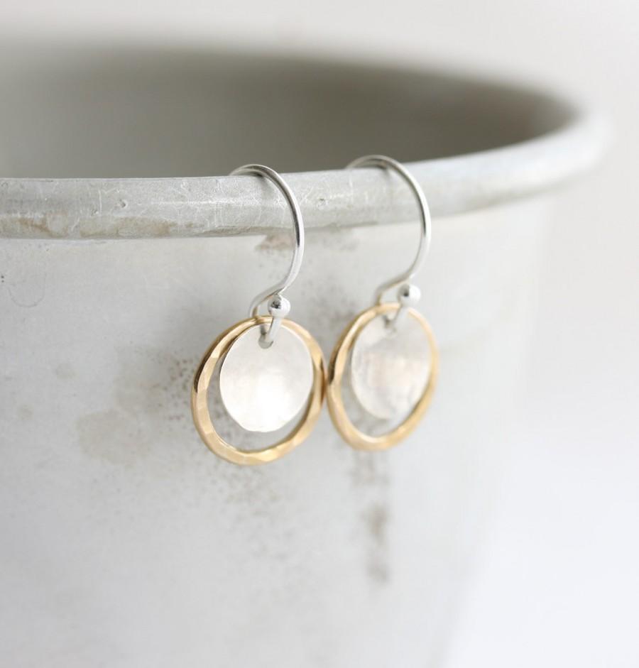 Mariage - Circle earrings, Hammered disc & circle earrings in silver and gold, Mixed metal earrings, Small dangle drop earrings, Jewelry gift for her