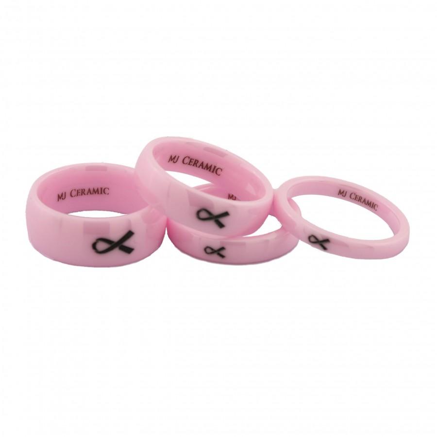 زفاف - Pink Ceramic Breast Cancer Awareness Band with Engraved Ribbon 3, 4, 6 or 8mm Ring  + 5.00 donation to ACS