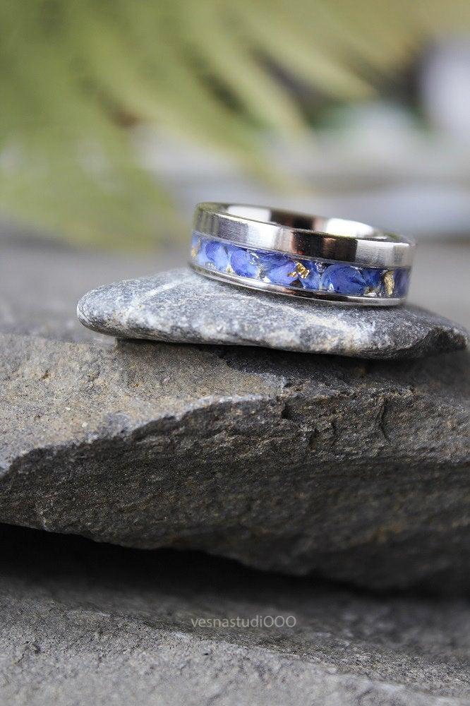 زفاف - Blue Forget me not ring Wedding band for men / women Stainless Steel - 7 mm Floral band engagement ring Unisex ring Memories gift