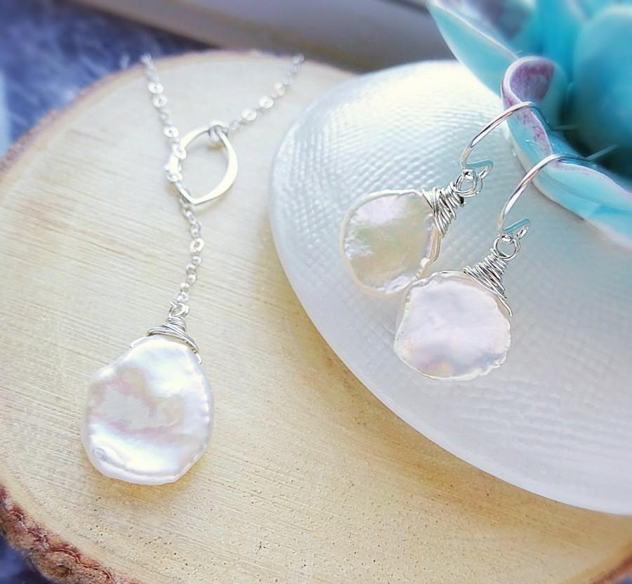 Wedding - Keshi pearl necklace & earring set, silver Y necklace, keshi pearl y necklace, june birthstone, keshi cornflake pearls, keshi earrings