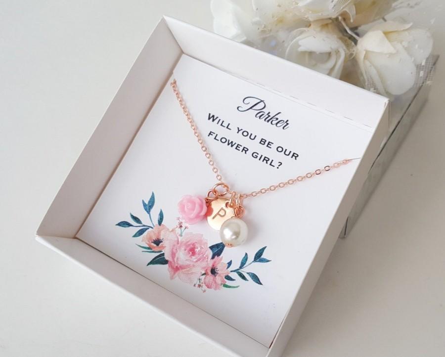 Mariage - Flower girl proposal gift, personalized necklace, flower girl rose gold jewelry, pink flower necklace, will you be our flower girl, gift box