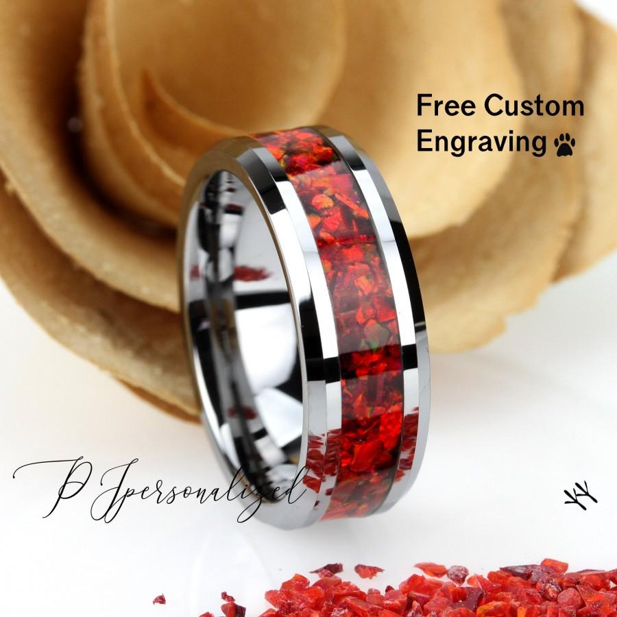Mariage - Crushed Ruby Red Fire Opal Inlay 8mm Tungsten Wedding Band Men & Women, Ruby Red Ceramic Wedding Band For Men Women, Promise Gift