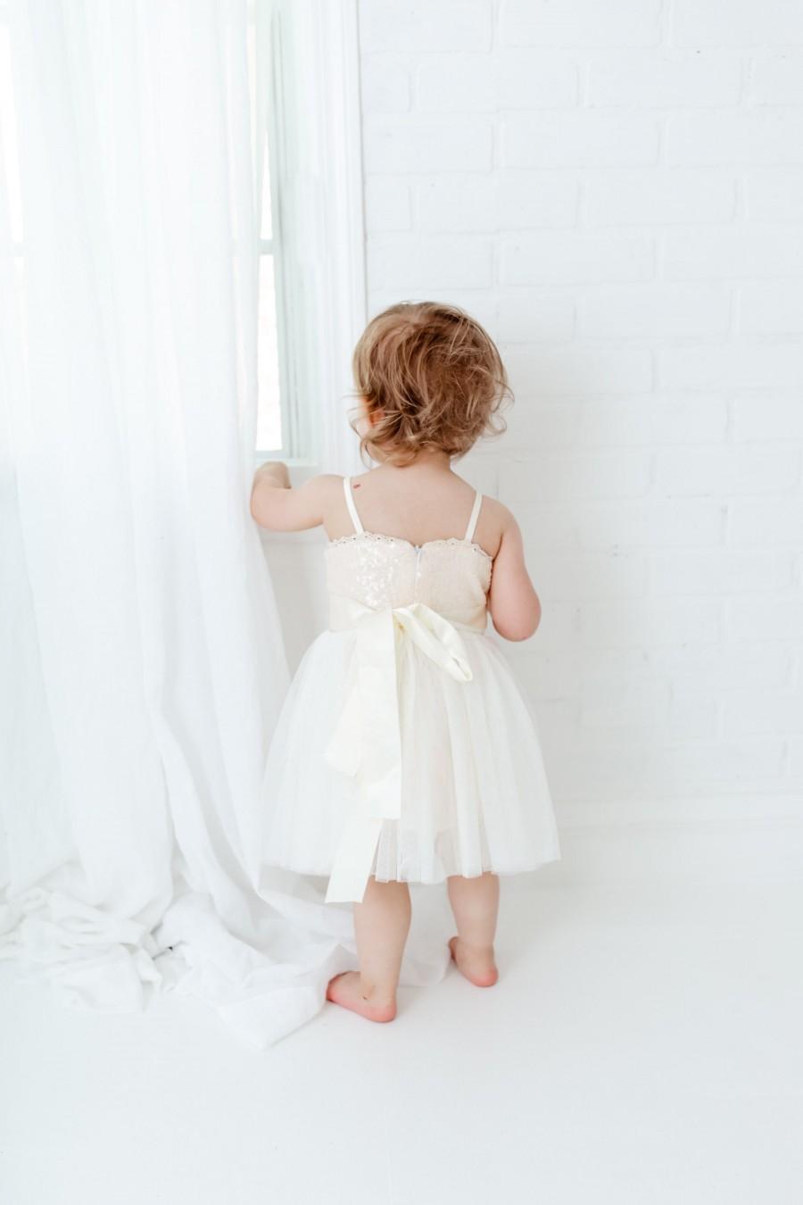 Hochzeit - Rustic Tulle Flower Girl Dress, Romantic Sequin Dress, Ivory Cream Wedding, Will You Be My Flower Girl Dress