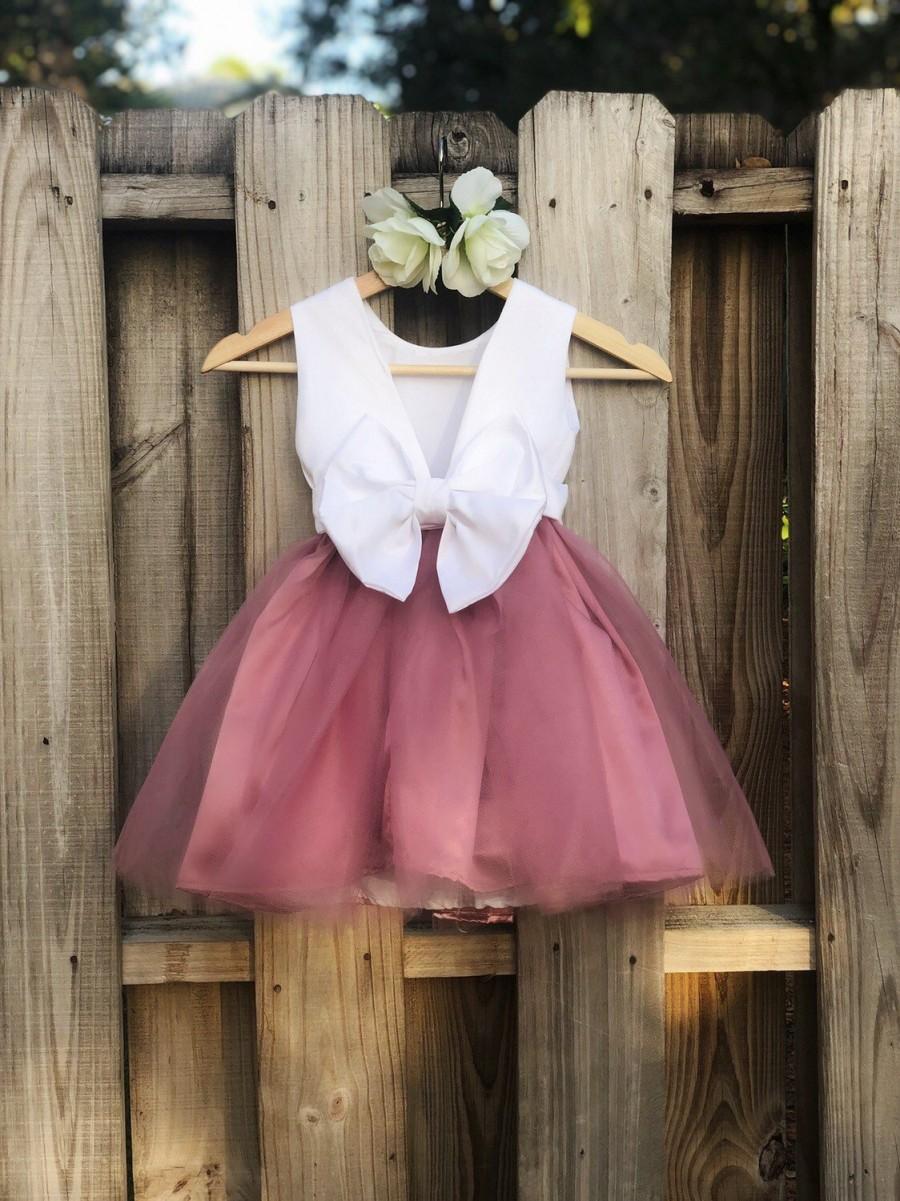 زفاف - Dusty Rose Flower Girl Dress, Mauve Flower Girl Dress with big bow. Tulle Flower Girl Dresses, Party Girl Dress, Baptism Girl Dress