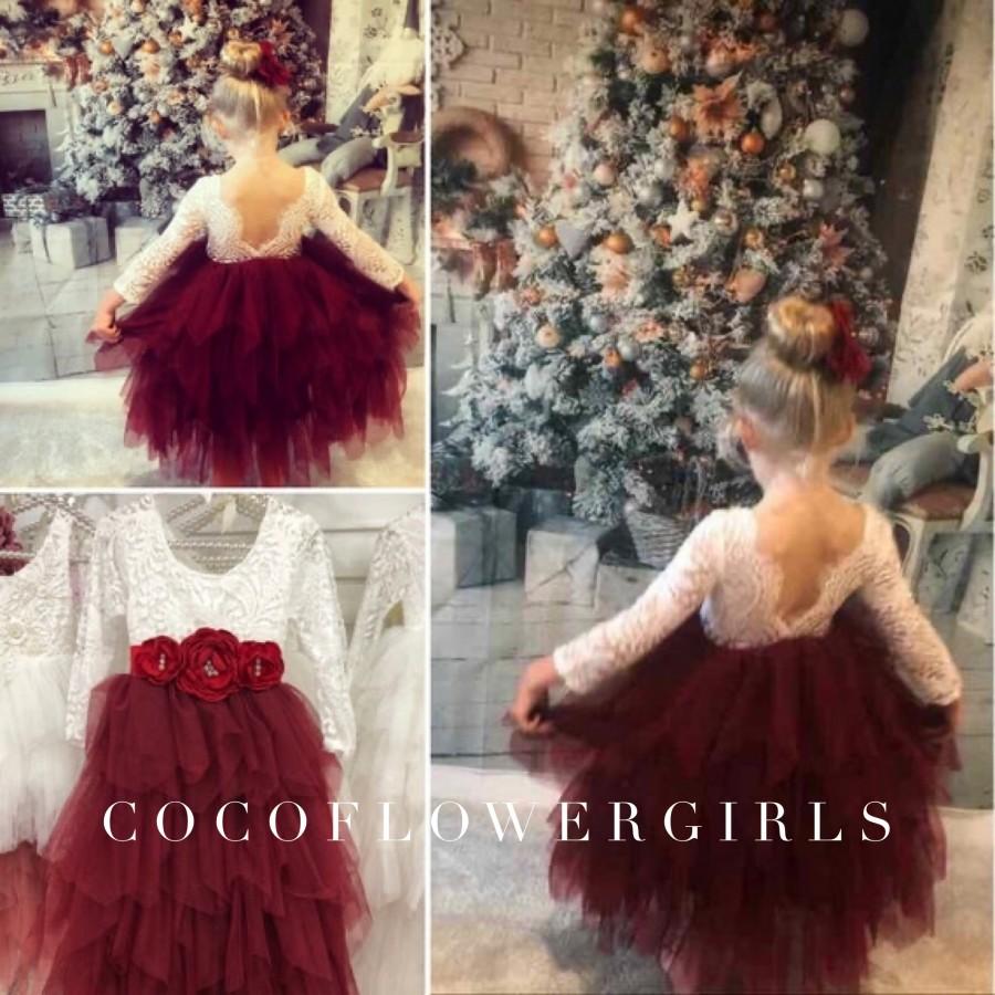 Mariage - Long Ruffles Bohemian Flower Girl Dress Boho Dress Rustic Winter Wedding - Wine Red Burgundy