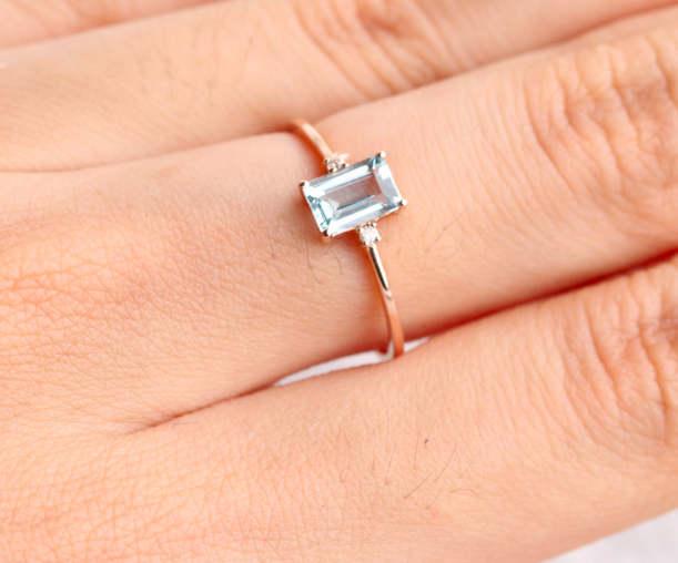 زفاف - Emerald Cut aquamarine ring in solid 18k rose gold, Diamond Engagement Ring, Alternative Engagement Ring