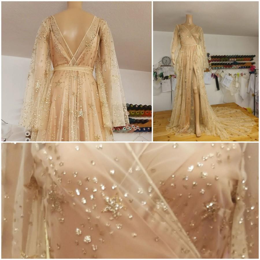 زفاف - Star Dress,Star Wedding Dress,Gold Star Dress,Gold Wrap Dress,Celestial Wedding Dress