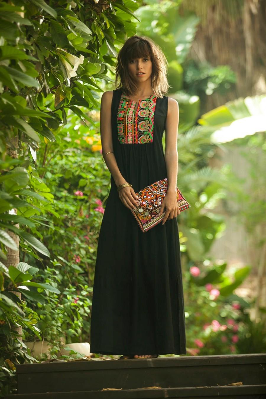 Mariage - Tribal Maxi Summer Dress, Ethnic Long Dress, Black Ethnic Indian Embroidery Dress, Black Bohemian Rayon Flattering OOAK Dress - Tamara Dress