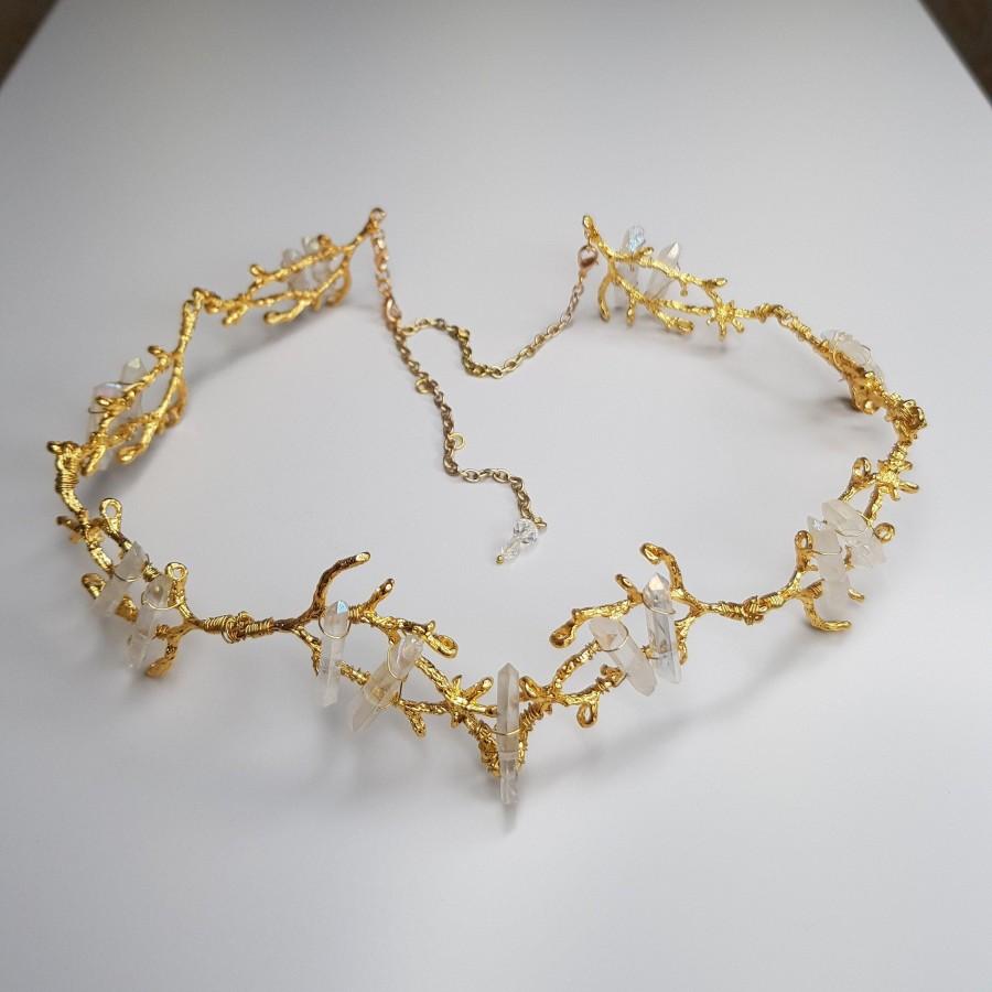 Свадьба - Gold Branch Crown - White Clear Crystal Tiara, Elven Circlet, Snow Queen, Mermaid Headpiece, Evil Queen, Wedding wreath, Wedding jewelry