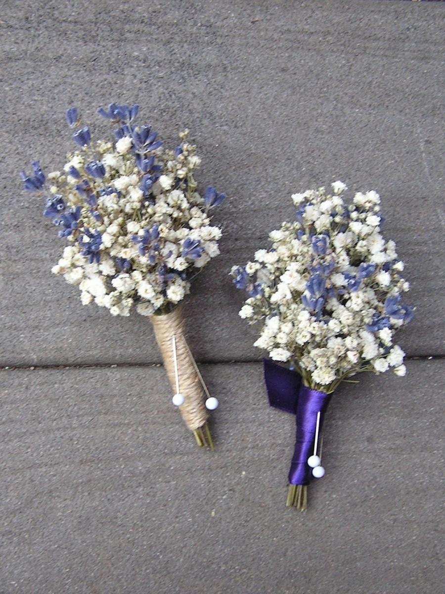 Hochzeit - Wedding Lavender and Baby's Breath Boutonnieres, Dried Flower Boutonniere, Lavender Boutonniere, Dried Flowers, Rustic Dried Boutonnieres