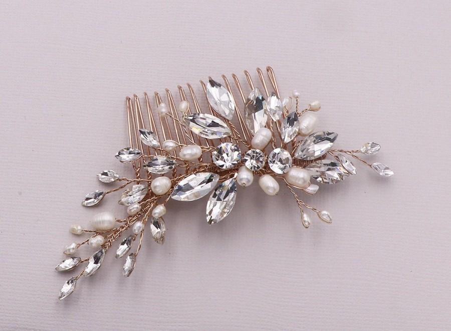 زفاف - Rose Gold Crystal Comb, Wedding Hair Comb, Handmade Wedding Comb, Crystal Bridal Comb, Shayanne Rose Gold Pearl Hair Comb