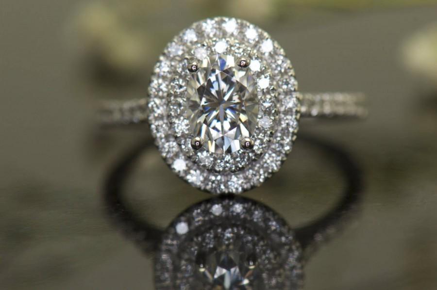 زفاف - Double Halo Engagement Ring in 14k White Gold, 7x5mm/0.94ct Oval Forever One Moissanite, 0.52ctw Double Diamond Halo and Band, Hadley B