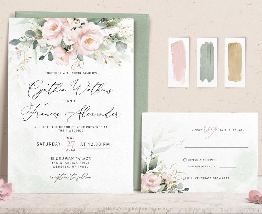 Mariage - Pink Wedding Invitation, floral wedding invite, Invite with rsvp, Editable invitation template, blush pink invitation, editable, LILIAN