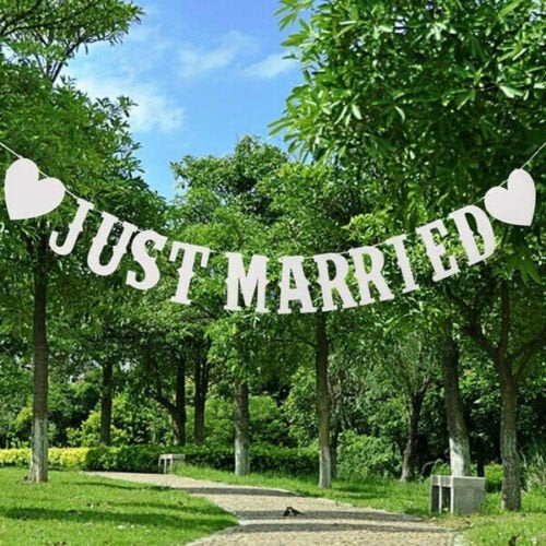 زفاف - Just Married Wedding Bunting - Mr and Mrs Party White Heart Decoration Banner