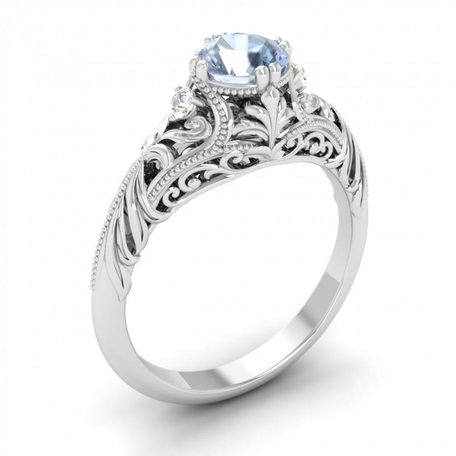 Hochzeit - AAA Aquamarine Engagement Ring With Diamond 14K Gold 
