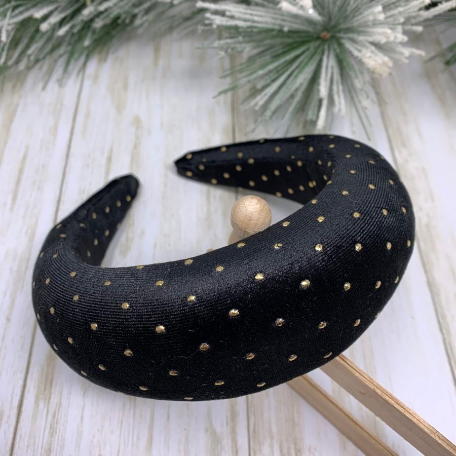 Mariage - Black Deeply Padded Headband with Gold Polka Dots. Handmade Matador Head Band. Alice Band. Hand Crafted Spanish Style Headband. Black Velvet