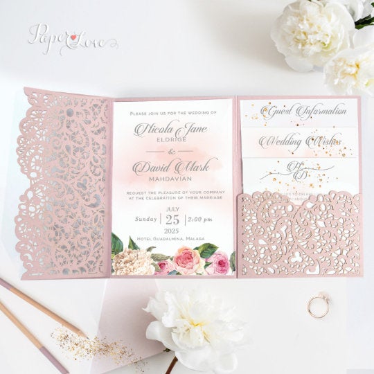 Свадьба - Beautiful Luxury Pink Blush Laser Cut Wedding Invitations Folder -Pocket -Heart We Do - Day Invite, Evening Invite, Guest Information, RSVP