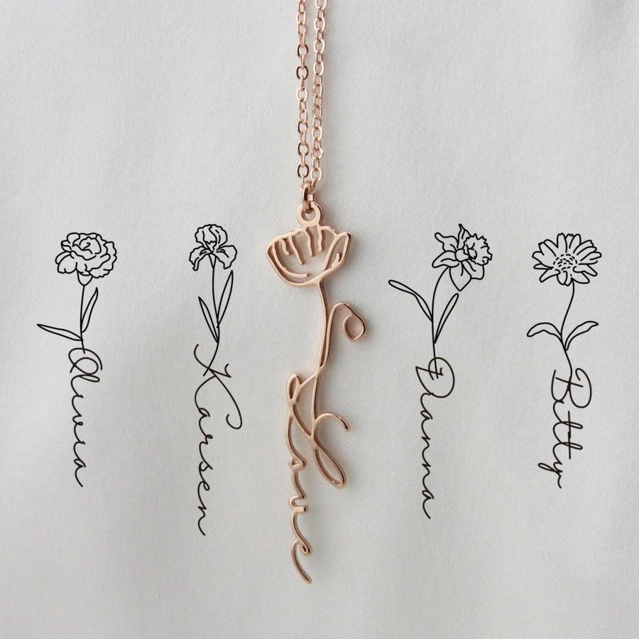 زفاف - Custom Name Necklace with Birth Flower,Dainty Personalized Minimalist Jewelry,Floral Pendant Necklace for Women Mom,Birthday Bridesmaid Gift