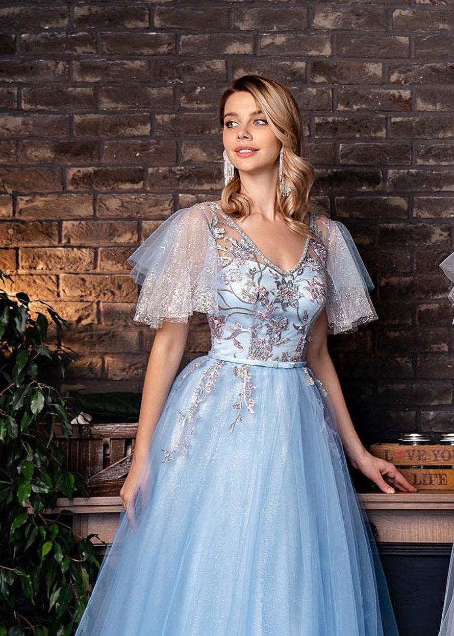 Mariage - Blue Wedding Dress Fairy Wedding Dress Alternative Wedding Dress Prom Dress Long Blue Dress Tulle Dress Women Embroidered Dress Evening Gown
