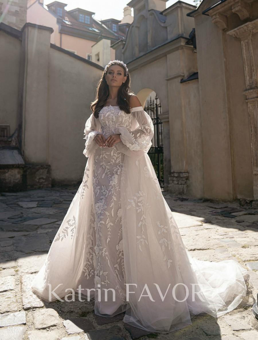 Wedding - Off The Shoulder Mermaid Floral Lace Wedding Dress Tulle Bishop Long Sleeve Wedding Gown Fairy Embroidered Corset Two Piece Bridal Dress