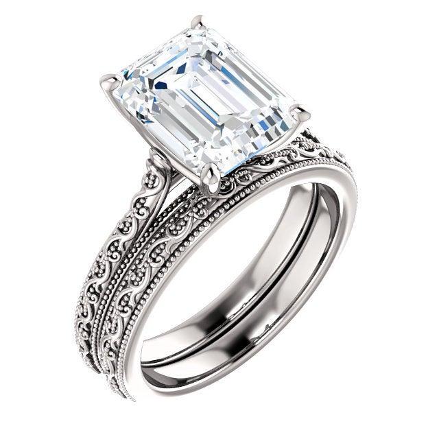 Свадьба - Engraved Sculpted Engagement Ring Moissanite Emerald Cut 'Dauphine'' Solitaire Engagement Ring Cathedral Setting Engagement Ring Forever One