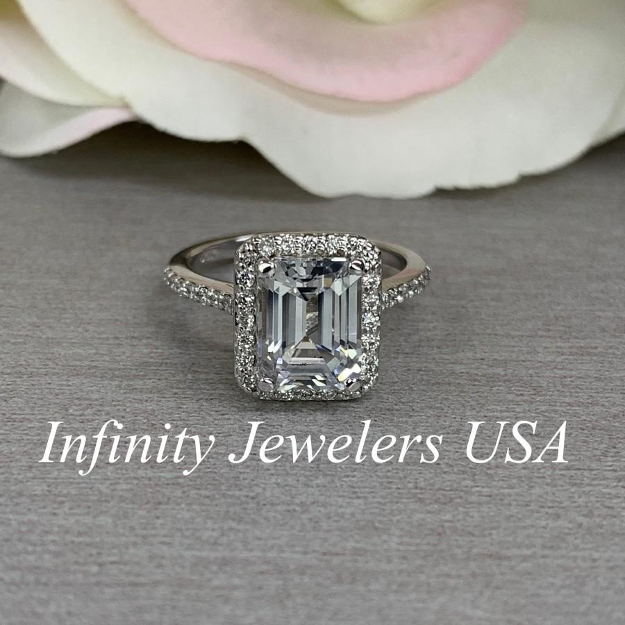 زفاف - Moissanite Engagement Ring White Gold, Emerald Cut Halo Moissanite Engagement Ring, Forever One Moissanite Wedding Ring For Her, 5991, 6925