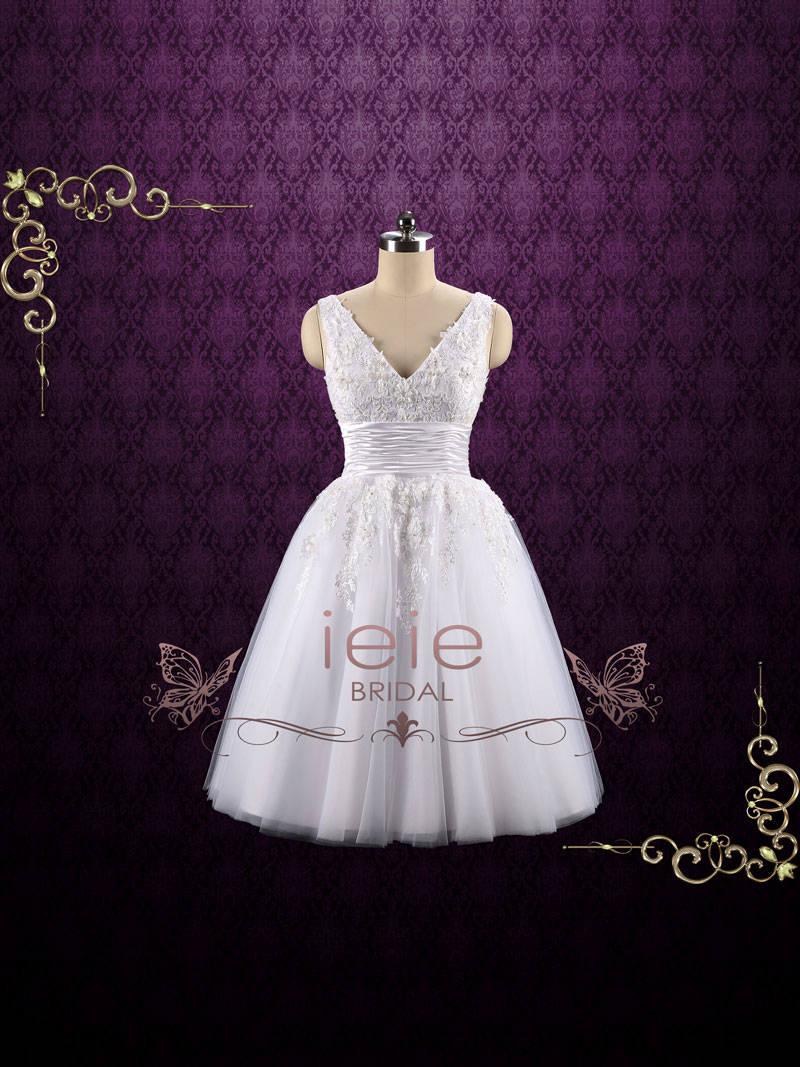 Hochzeit - Retro Tea Length Lace Wedding Dress with Floral Lace 