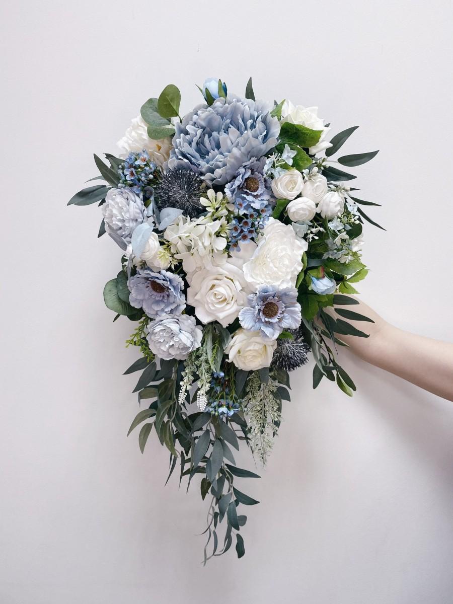 زفاف - Cascade Wedding bouquet, Dusty Blue Bouquet, Cascading Bridal Bouquet, Blue Wedding Bouquet, Eucalyptus Bouquet