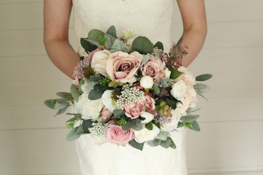 Wedding - Artificial blush pink wedding bouquet  Dusty pink rustic style bridal bouquet  Ivory bridesmaid flower bouquet  Faux flower bouquet