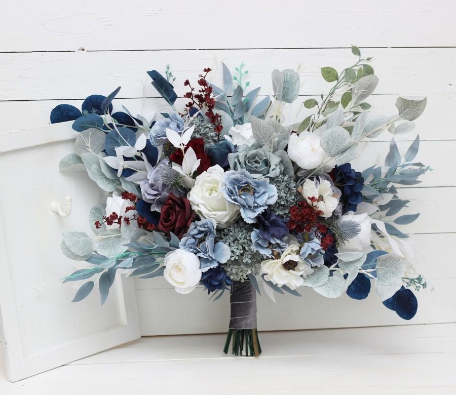 Wedding - Dusty blue navy blue  burgundy bridal bouquet -  Peonies blue thistle anemone bouquet Bridal bouquet Wedding flowers